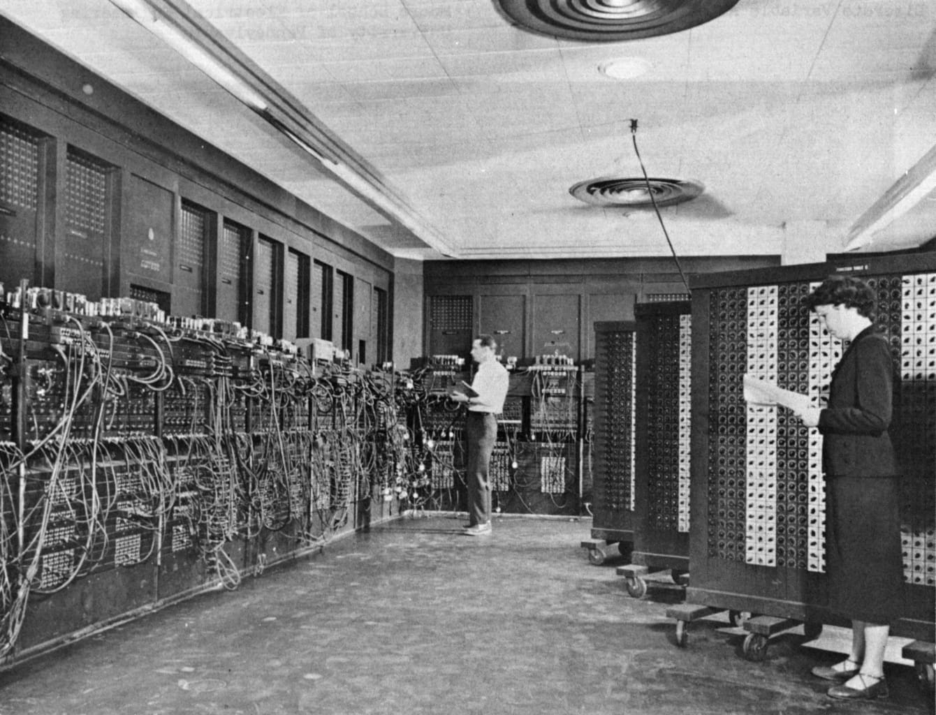 The world’s first (programmable, electronic, general purpose & digital) computer, ENIAC, or Electronic Numerical Integrator and Computer, was designed for the U.S army in UPenn in 1945. (Source: Wikipedia