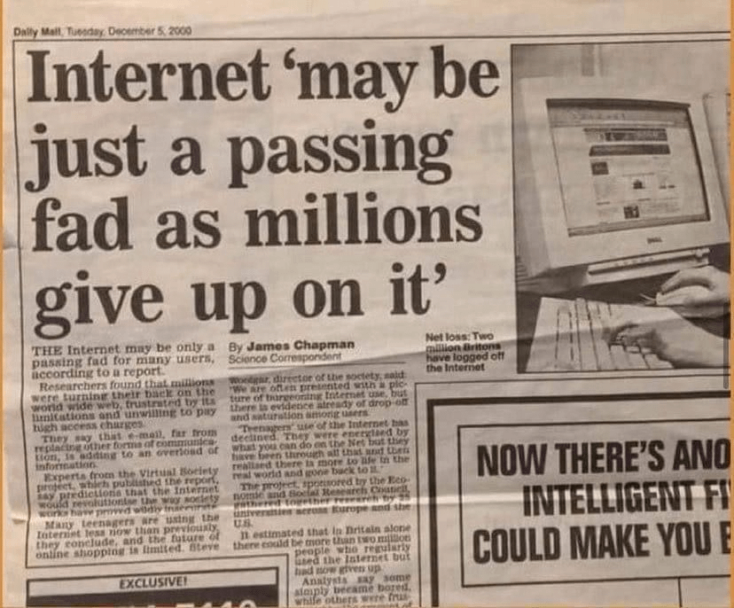 dot-com bubble crash newspaper article "internet may be just a passing fad"